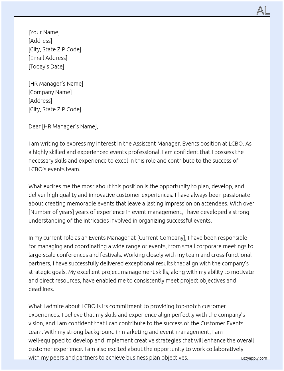 Assistant Manager, Events At LCBO Cover Letter