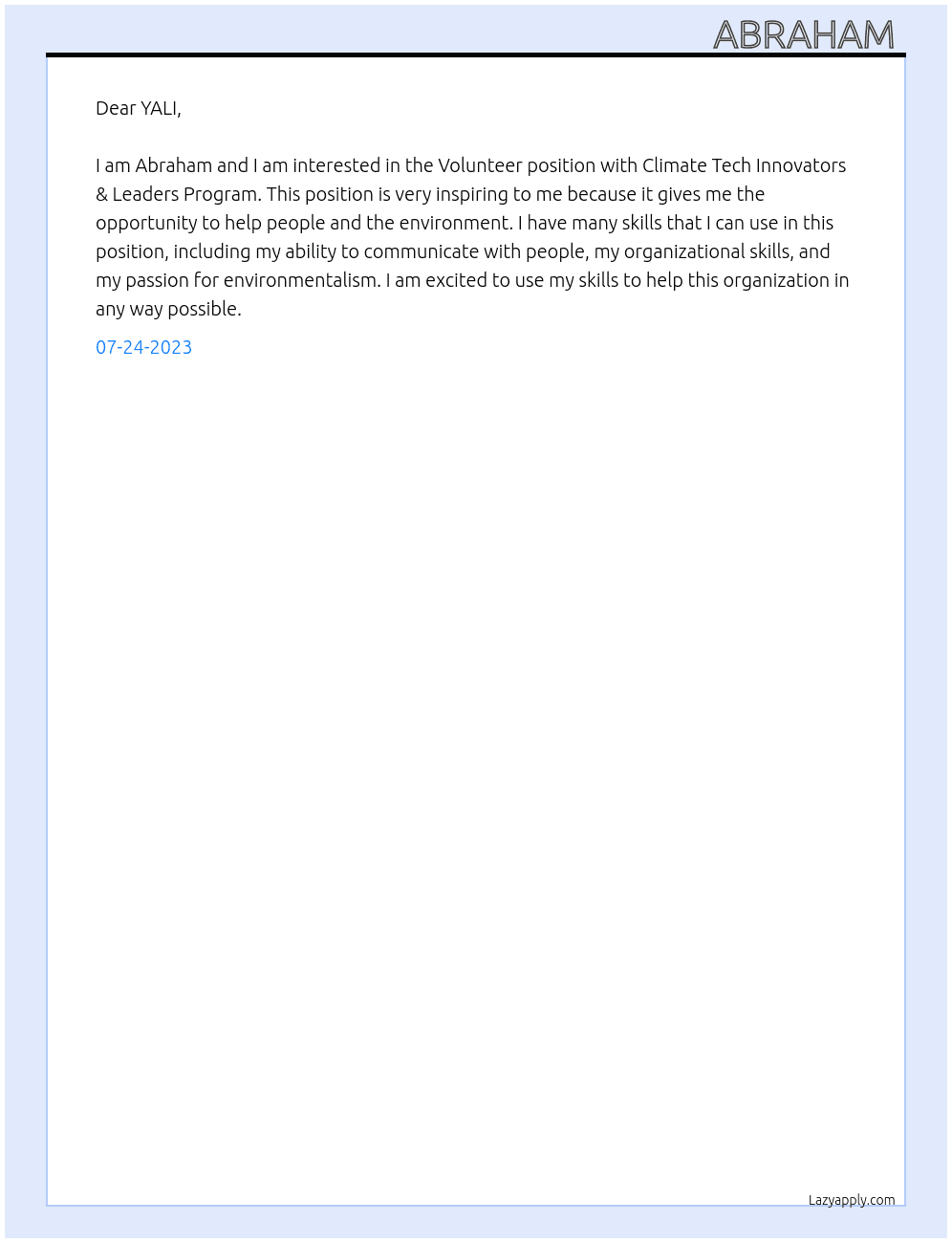Volunteer At Climate Tech Innovators &Leaders Program  Cover Letter
