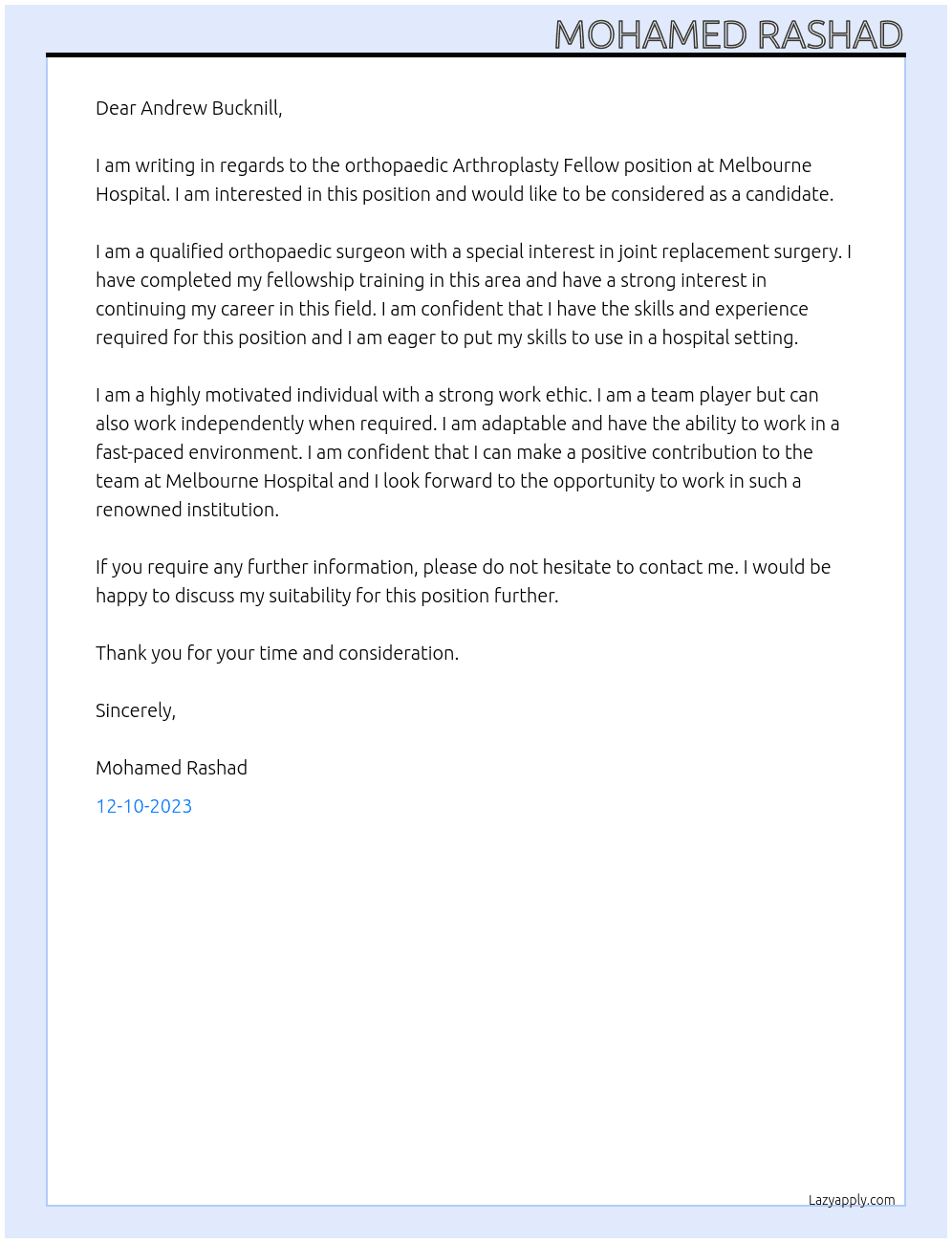 orthopaedic Arthroplasty Fellow At Melbourne Hospital Cover Letter