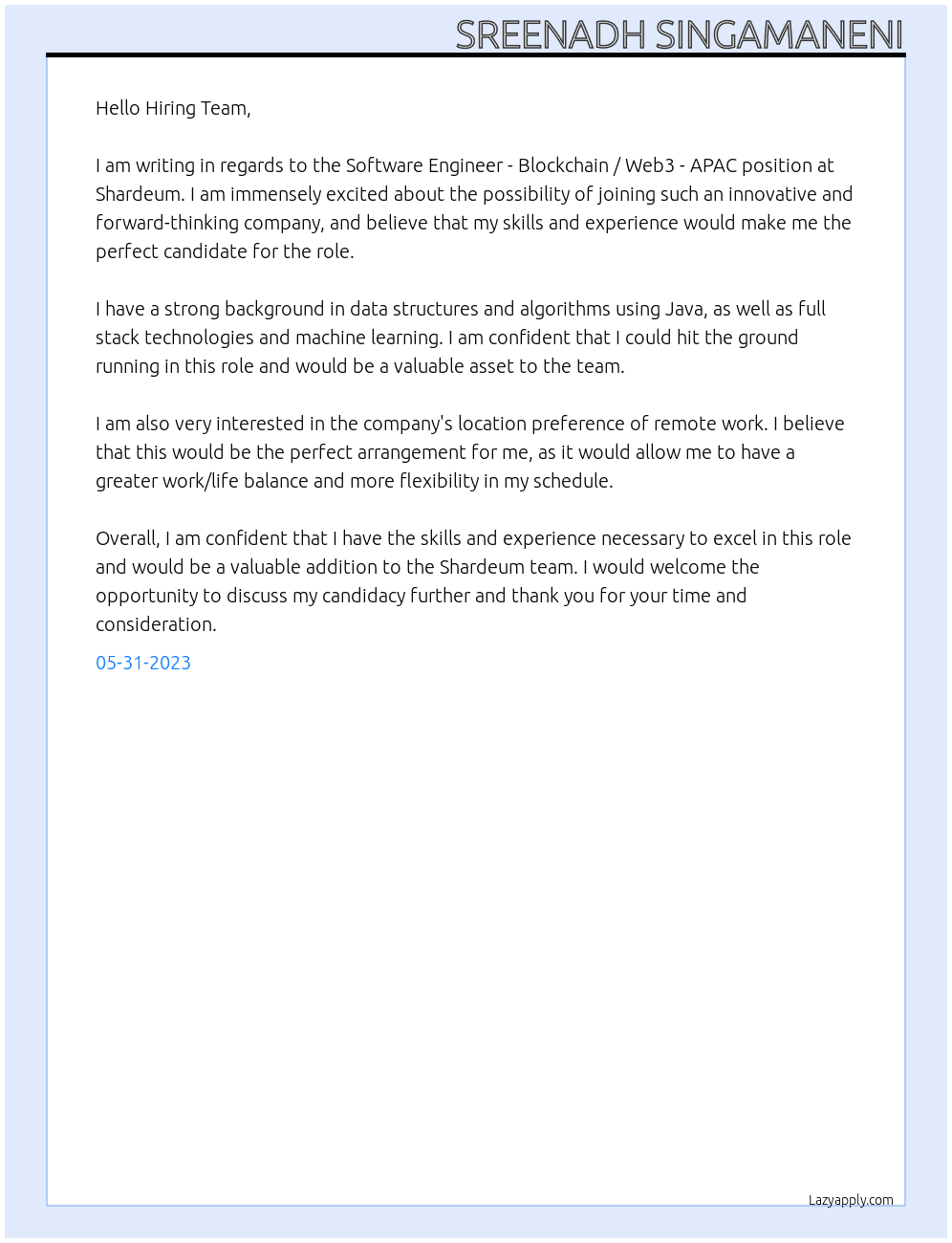 Software Engineer - Blockchain / Web3 - APAC At Shardeum Cover Letter