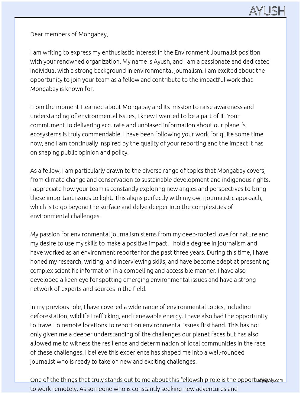 environment journalist At mongabay Cover Letter