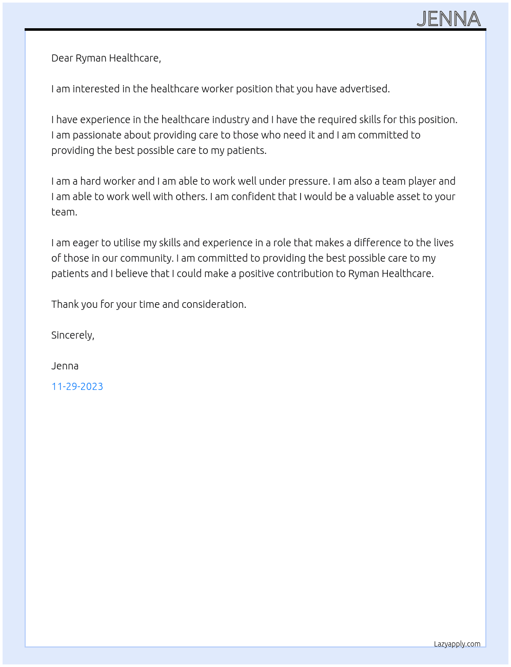 healthcare worker At ryman healthcare  Cover Letter