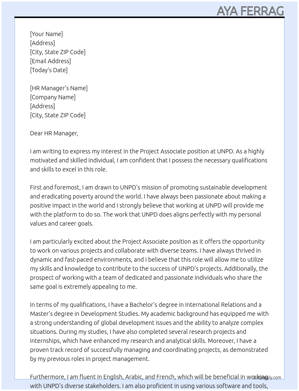Project associate  At UNPD Cover Letter