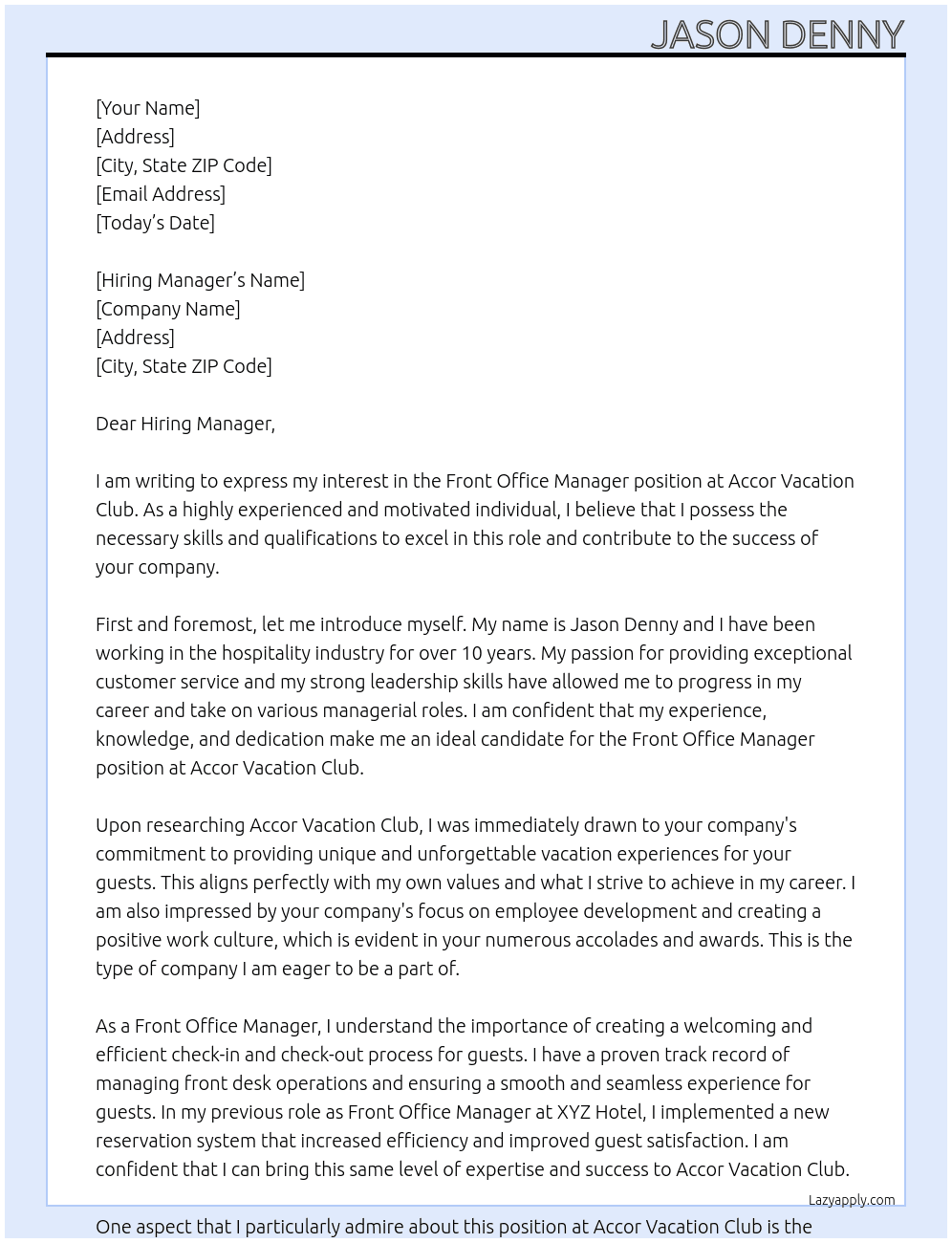 Front Office Manager At Accor Vacation Club Cover Letter