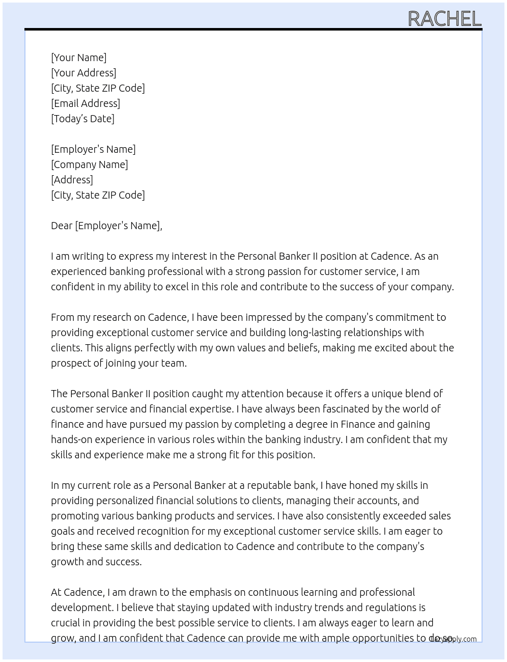Personal Banker II At Cadence Cover Letter