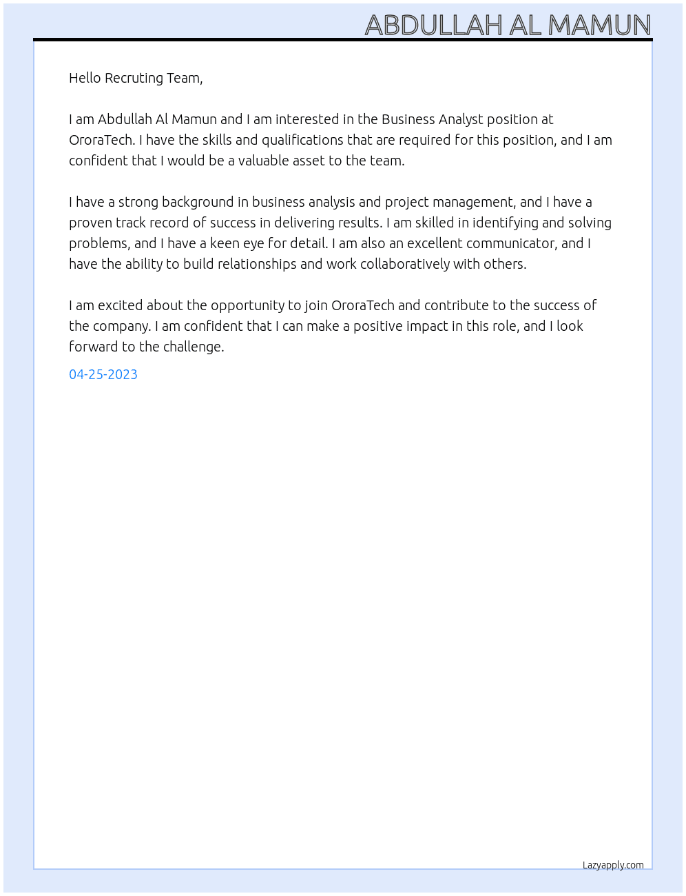 Business Analyst At OroraTech Cover Letter
