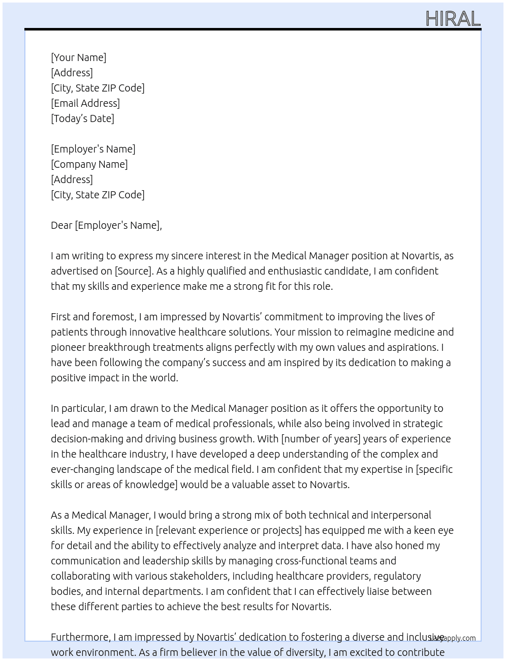 Medical Manager At Novartis Cover Letter