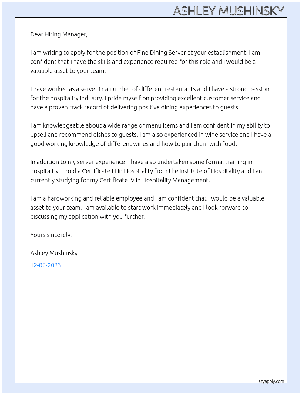 Fine dining server  At Fine dining establishment  Cover Letter