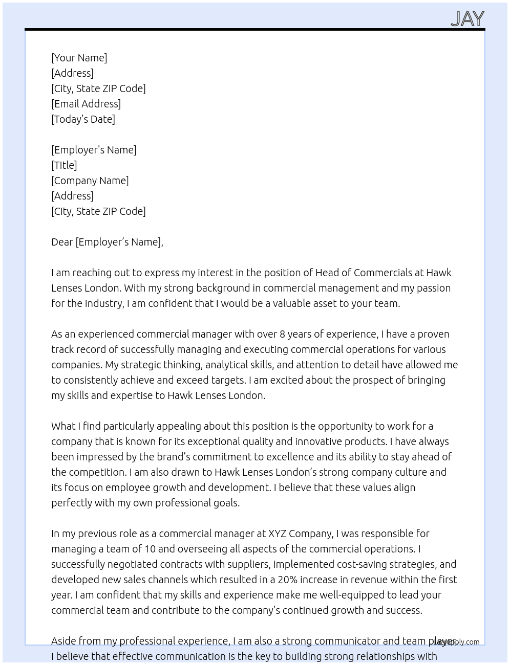 Head of Commercials At Hawk Lenses London Cover Letter