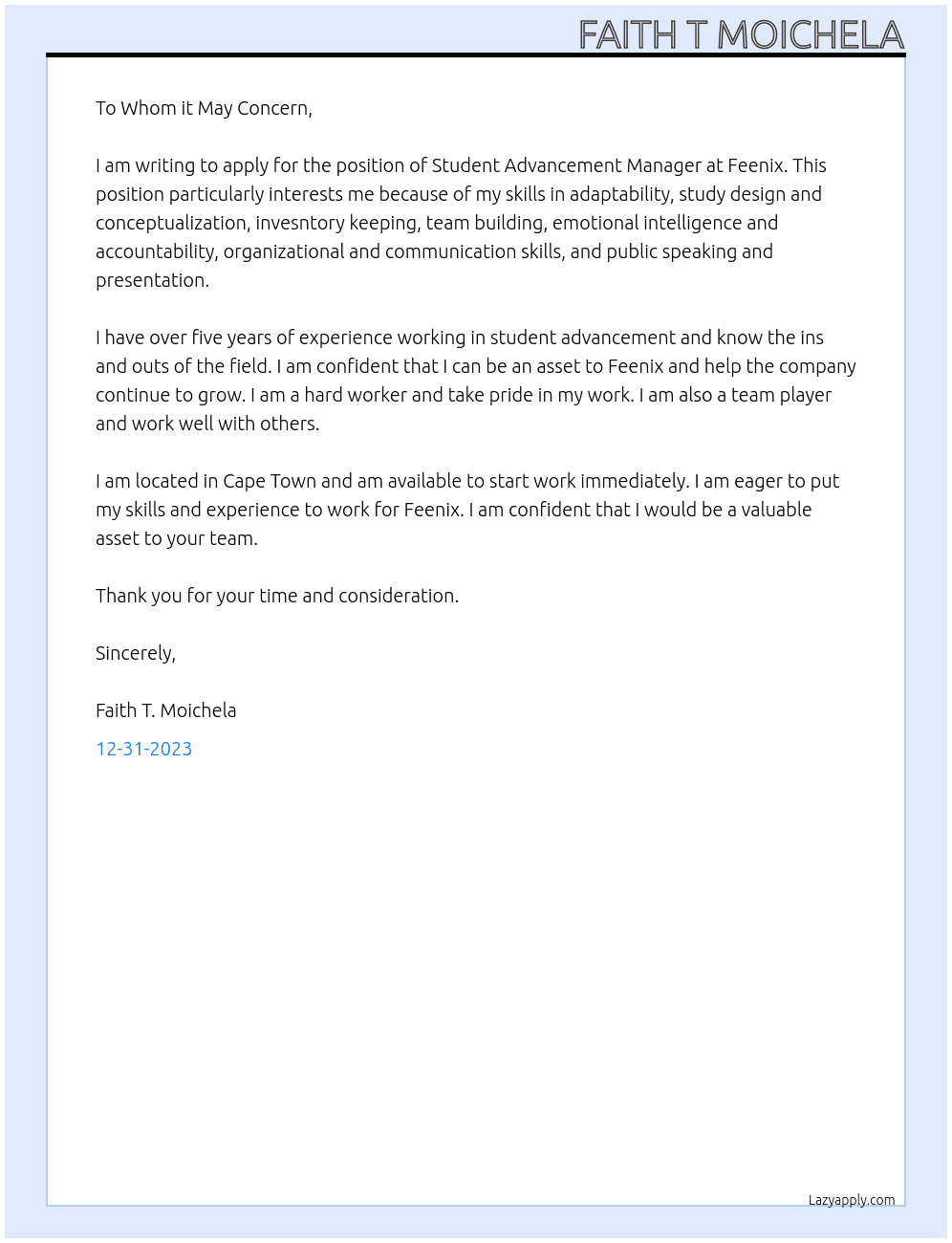 Student advancement Manager At Feenix Cover Letter