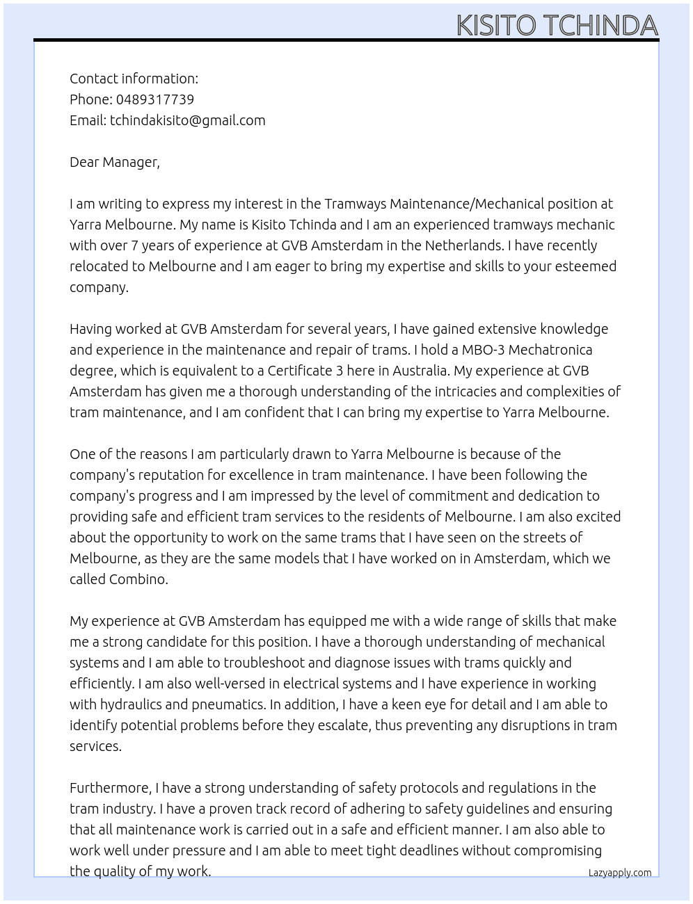 Tramways Maintenance /mechanical  At Yarra Melbourne  Cover Letter