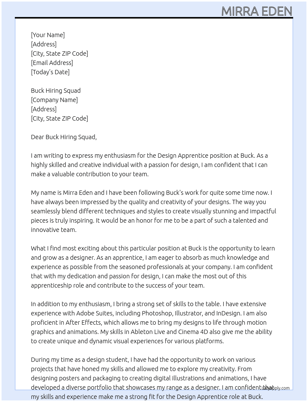 Design Apprentice  At Buck Cover Letter