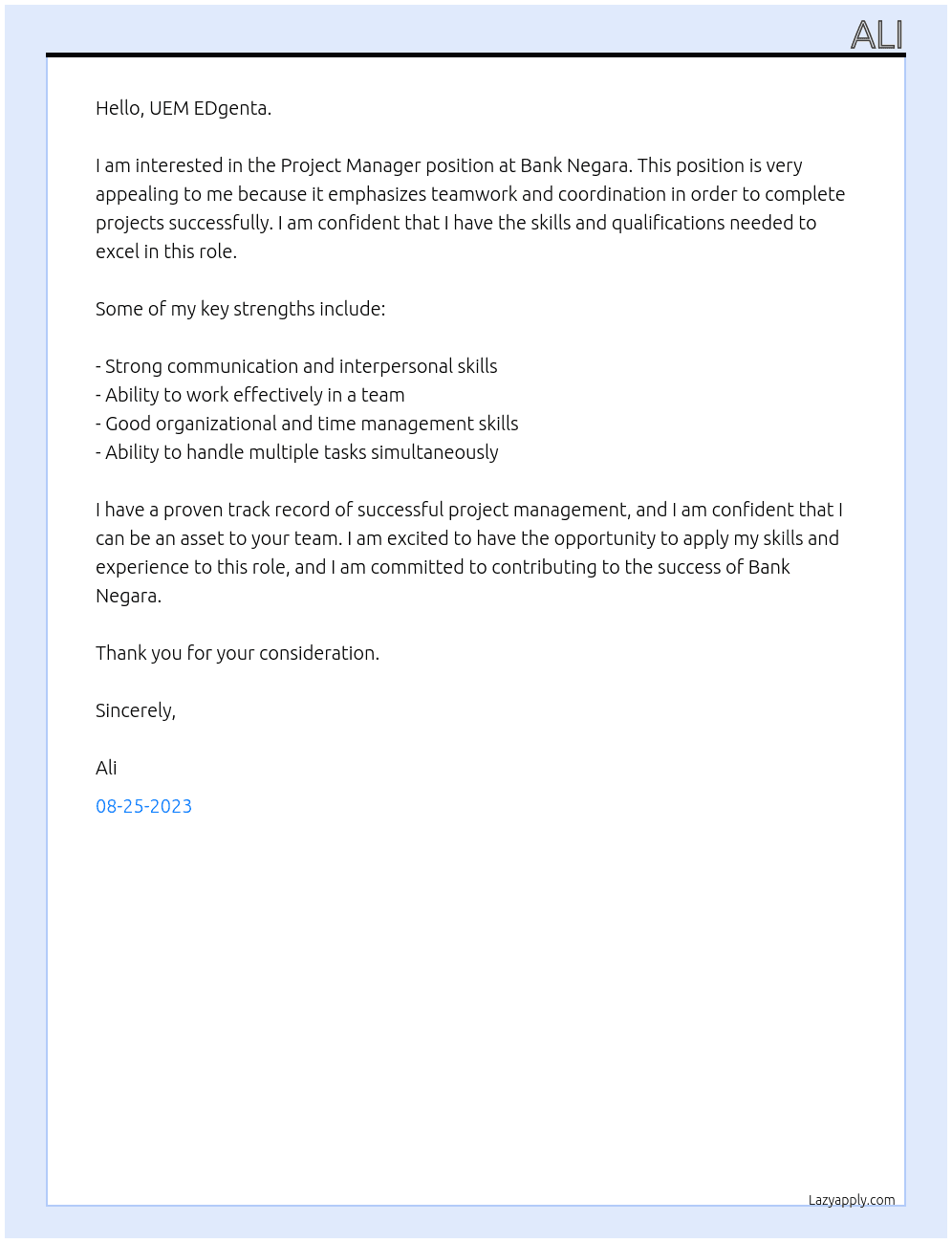 Project Manager At Bank Negara Cover Letter