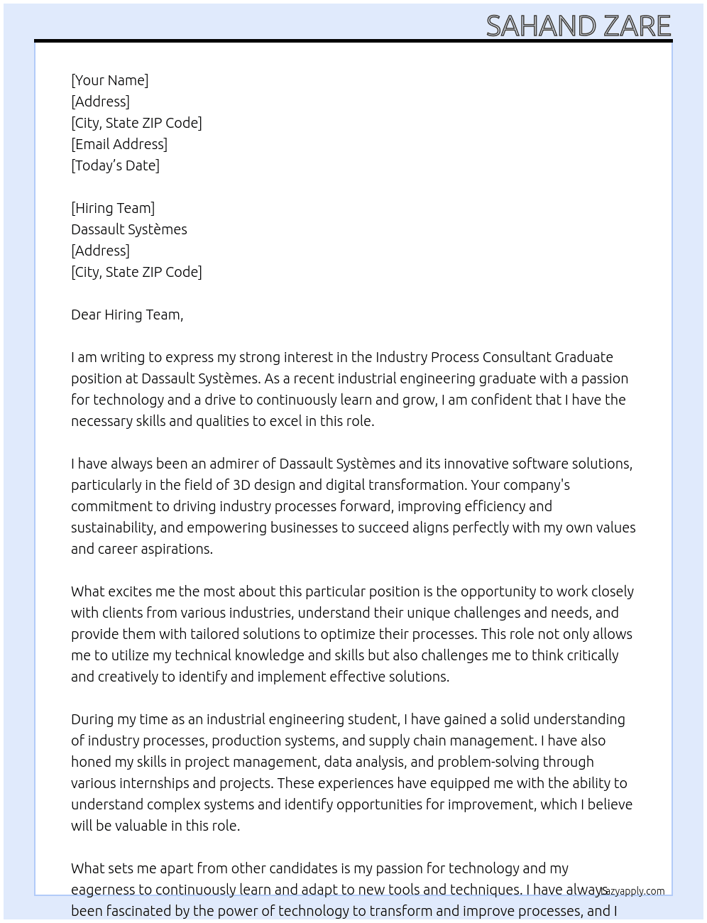 Industry Process Consultant Graduate At Dassault Systèmes Cover Letter