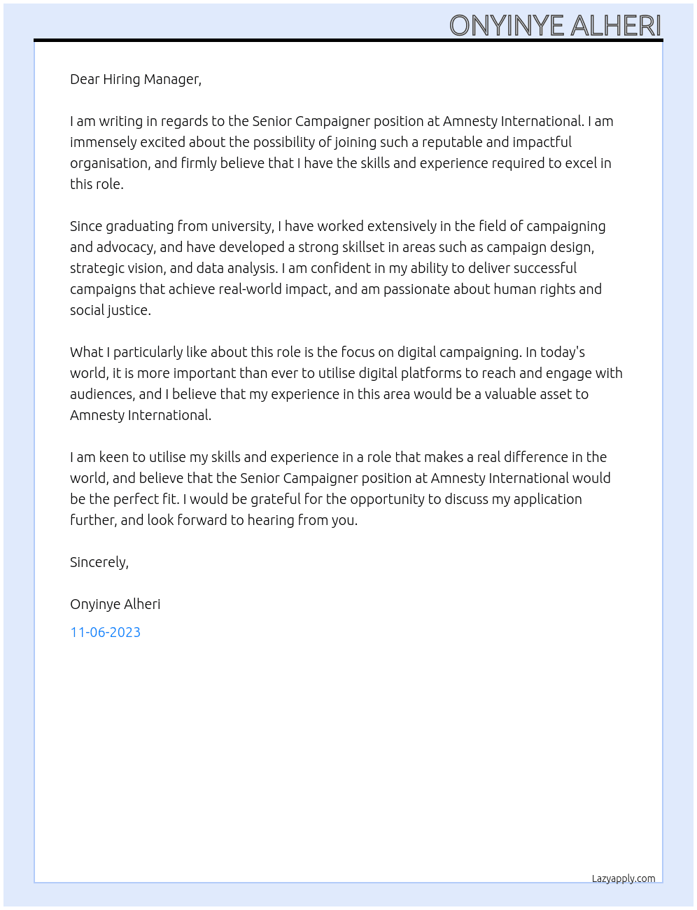 Senior Campaigner  At Amnesty International Cover Letter