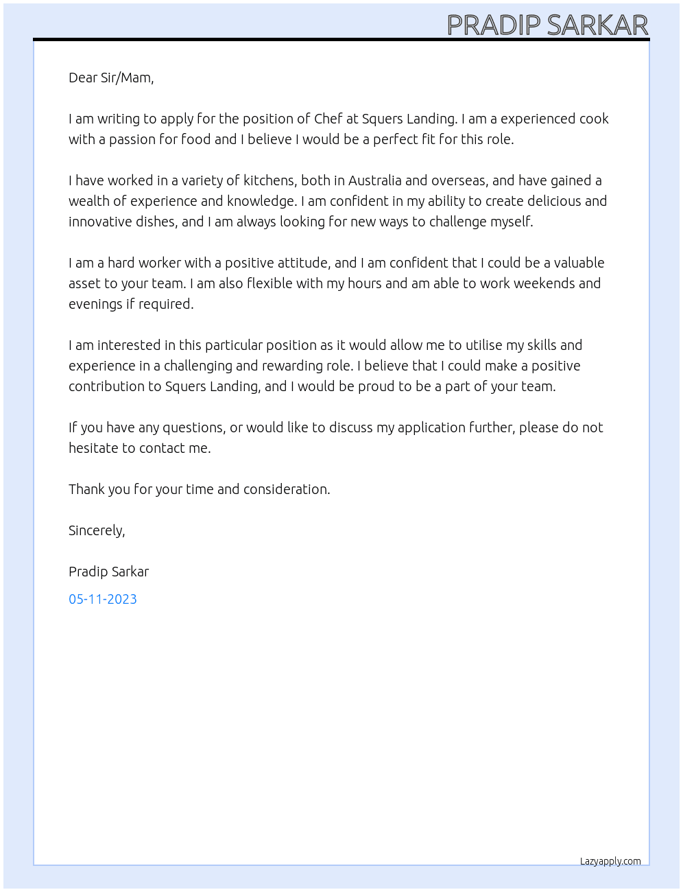 Chef At Squers landing Cover Letter