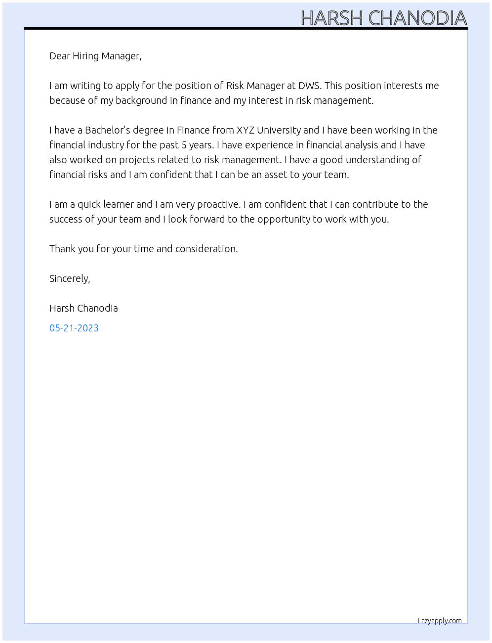 Risk Manager At DWS Cover Letter
