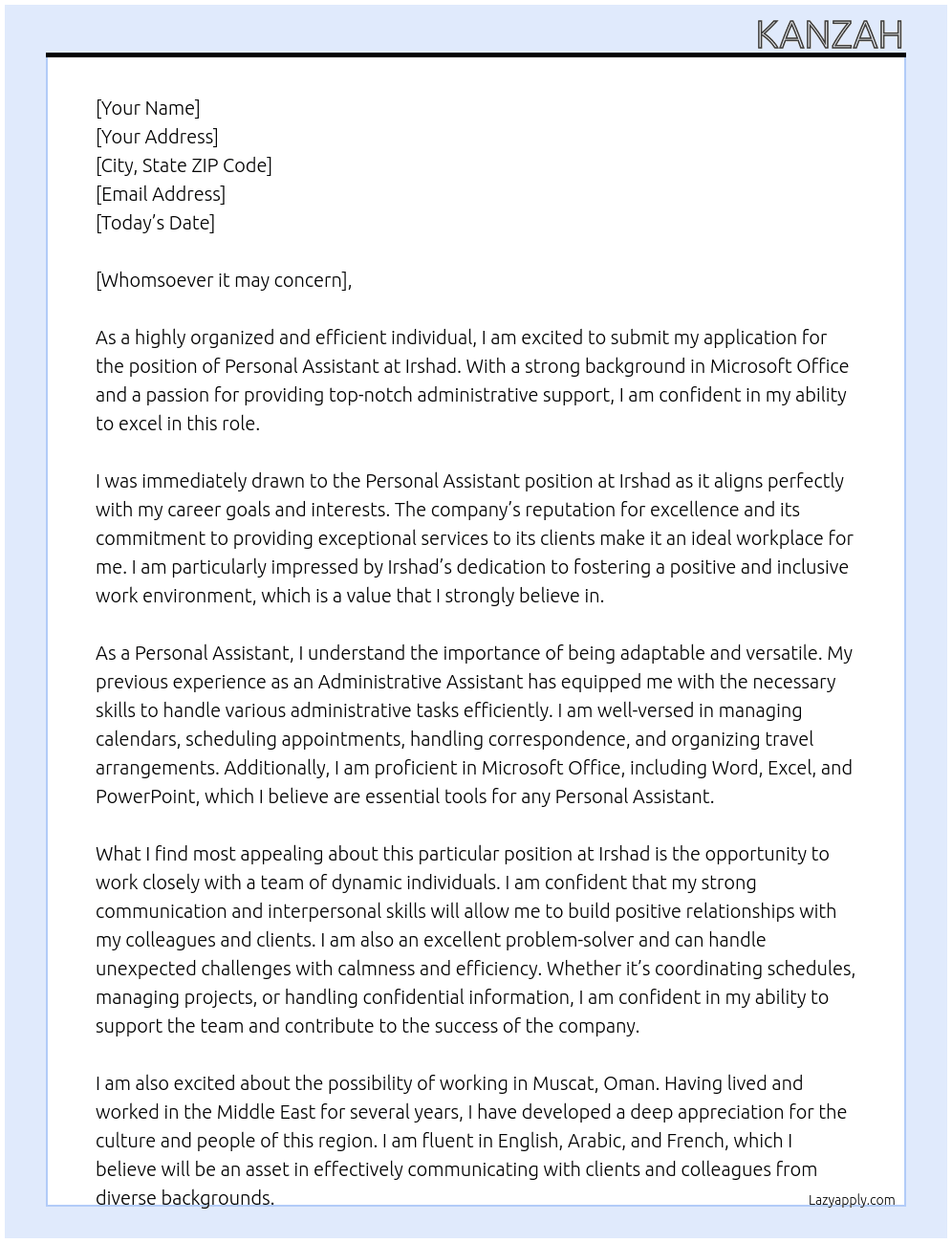 Personal Assistant  At Irshad Cover Letter