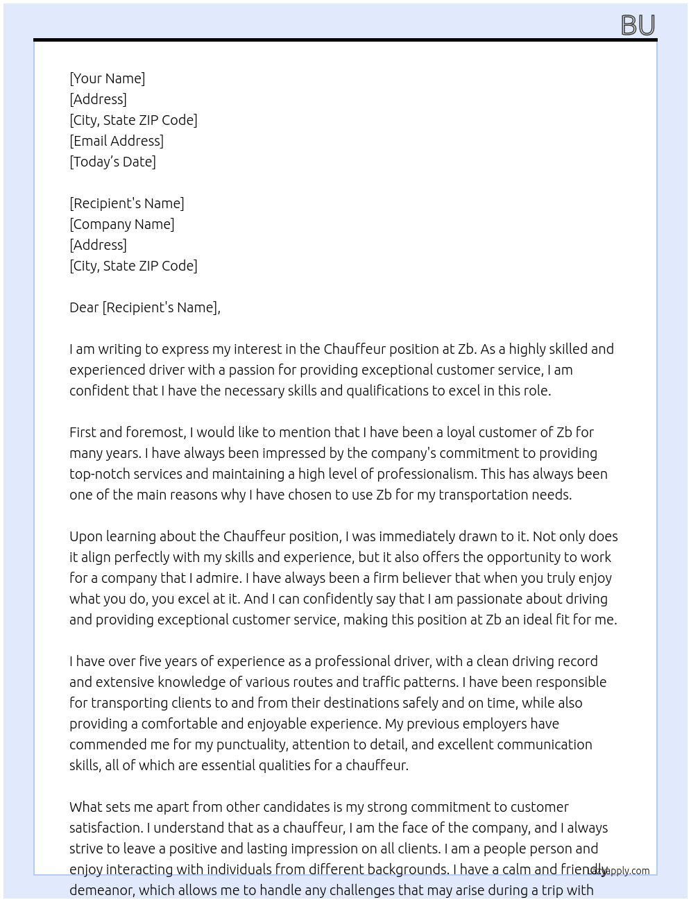 Chauffeur  At Zb Cover Letter