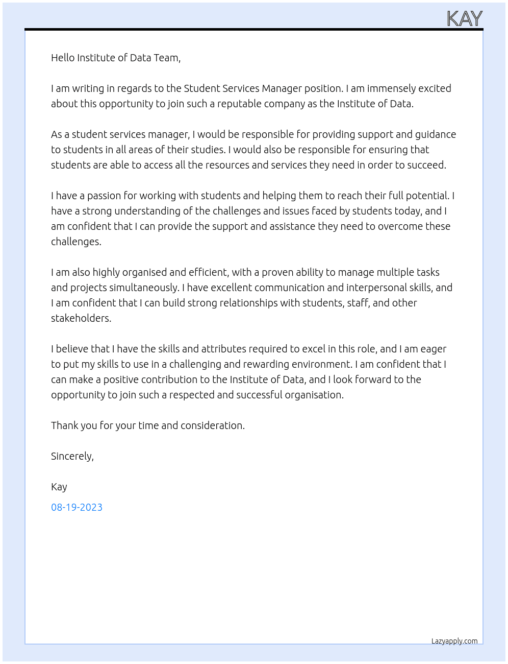 Student Services Manager At Institute of Data Cover Letter