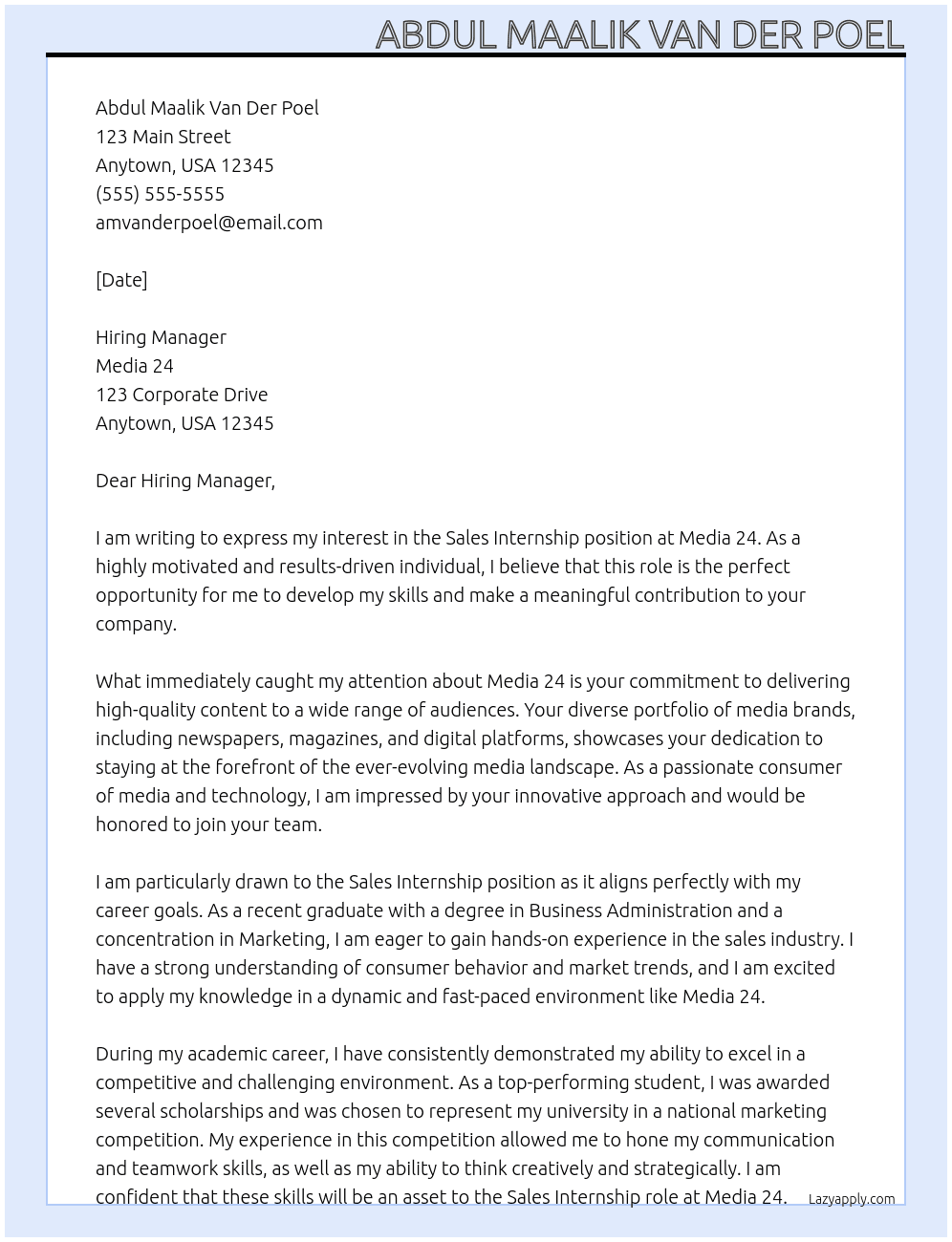 Sales internship  At Media 24 Cover Letter