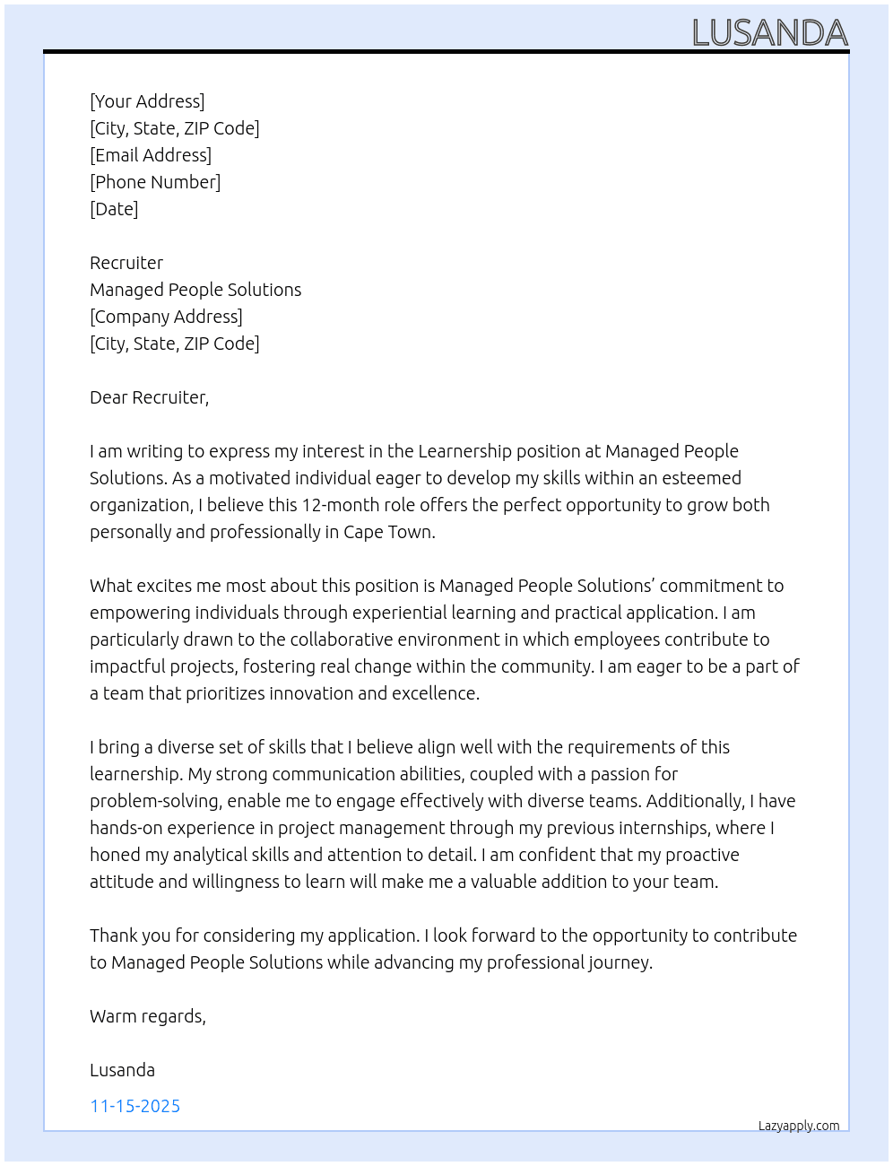 Learnership At Managed people solutions Cover Letter