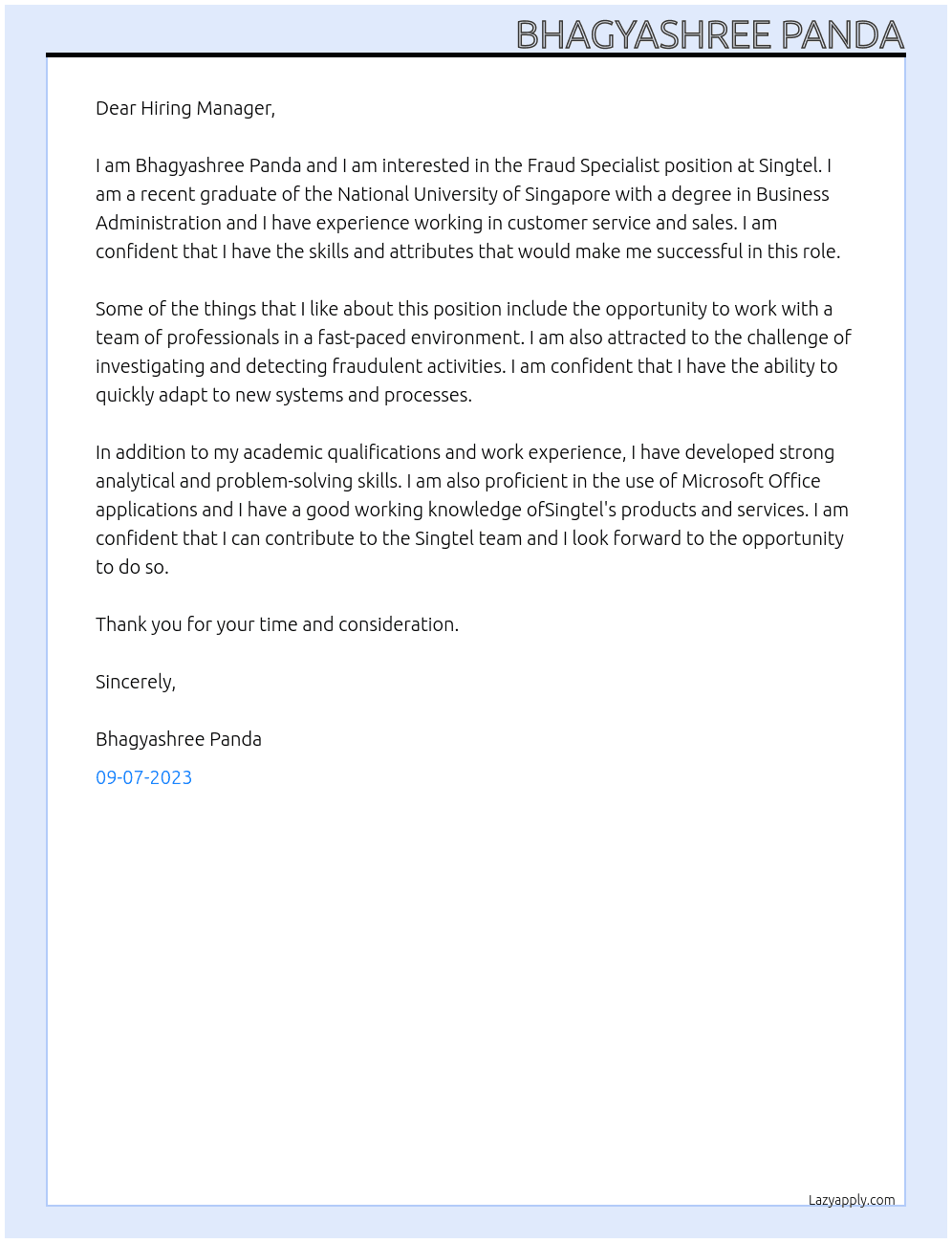 Fraud Specialist At Singtel Cover Letter