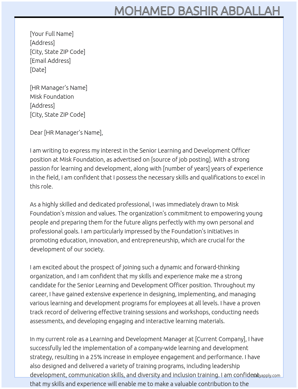  Senior Learning and Development Officer At Misk Foundation  Cover Letter