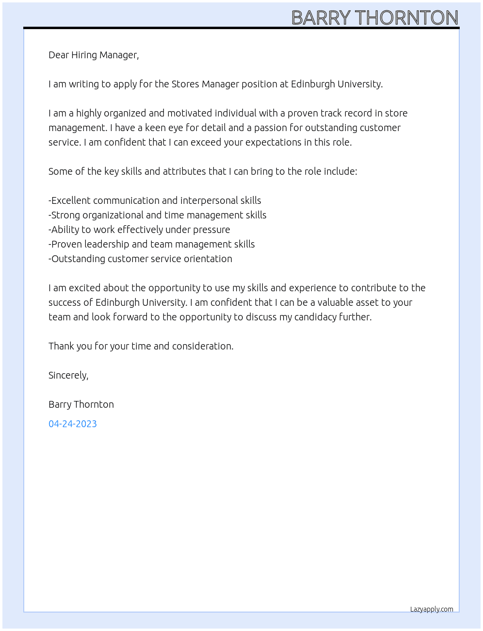 Stores Manager At Edinburgh University Cover Letter