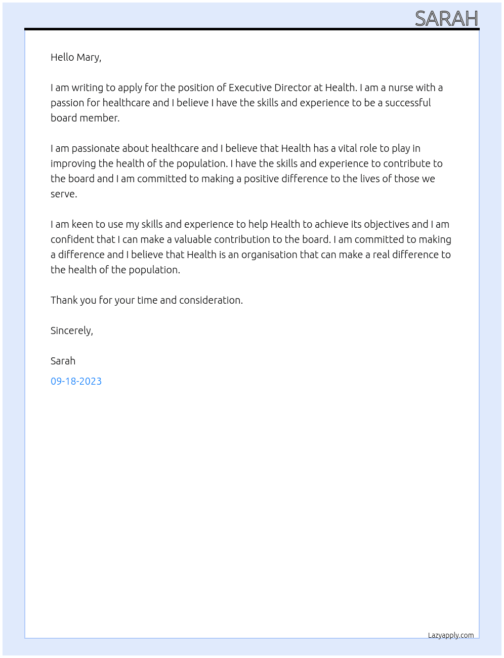 Executive Director At health Cover Letter