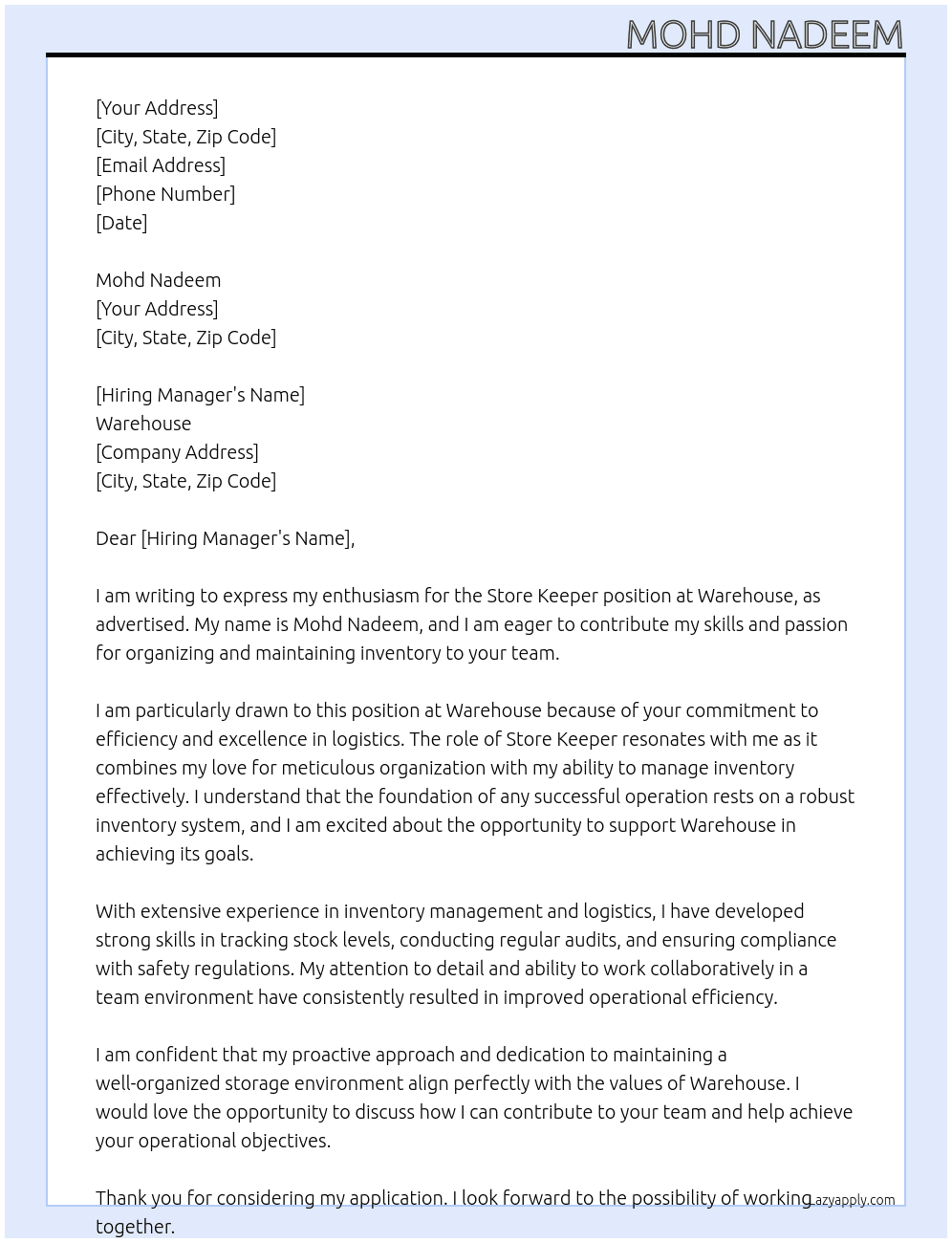 store keeper At warehouse Cover Letter