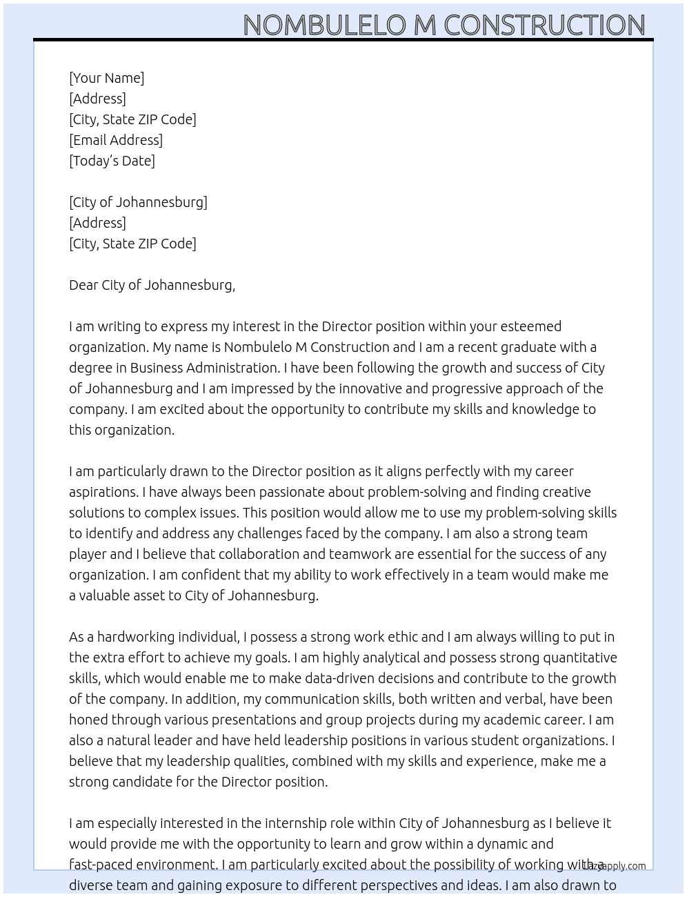 Director  At City or Johannesburg  Cover Letter