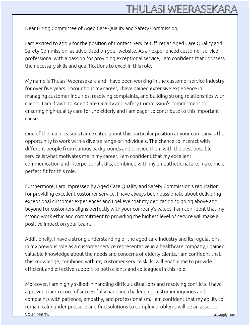 Contact Service Officer  At Aged Care Qualtiy and Safety Commission Cover Letter
