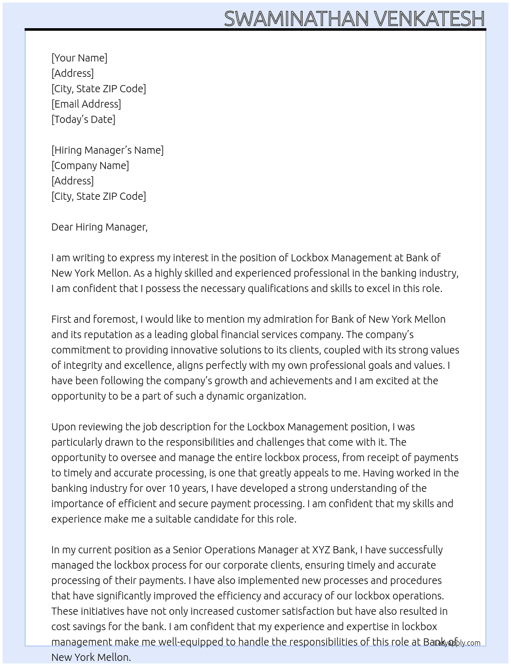 Lockbox management At BANK OF NEW YORK MELLON Cover Letter