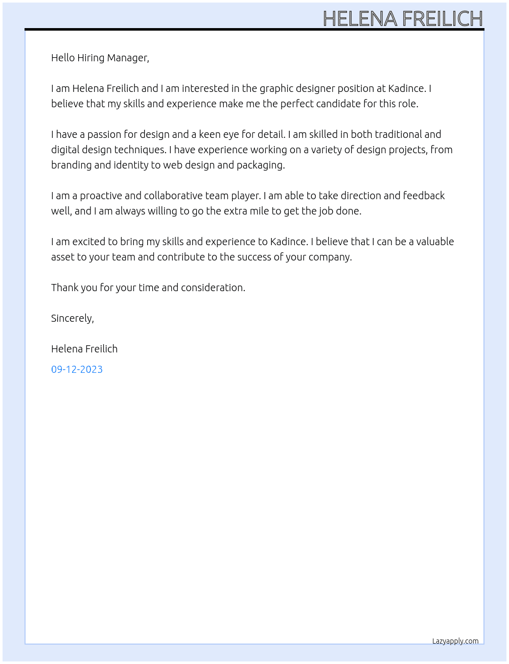 Graphic designer At Kadince Cover Letter