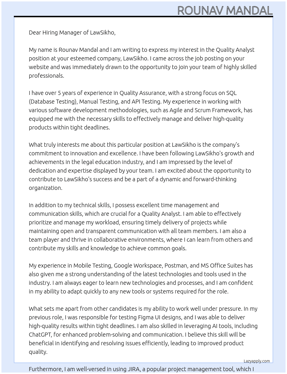 Quality Analyst At LawSikho Cover Letter