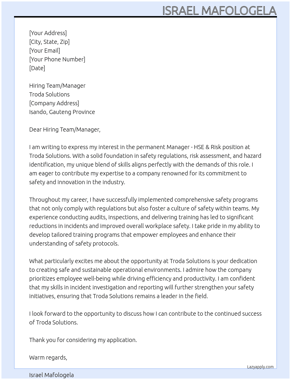 Manager- HSE & Risk At Troda Solutiond Cover Letter