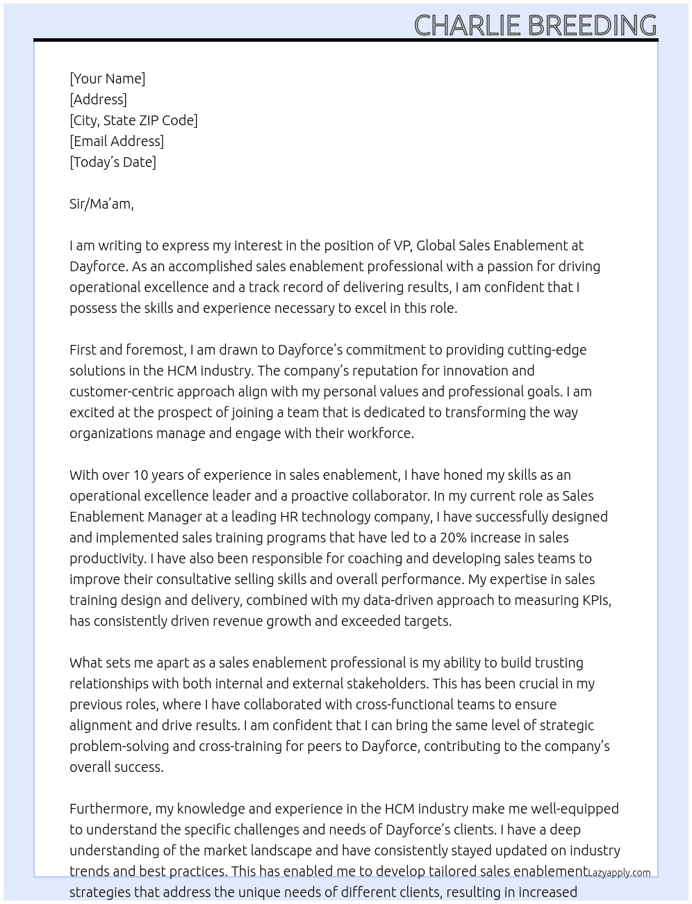 VP, Global Sales Enablement At Dayforce Cover Letter