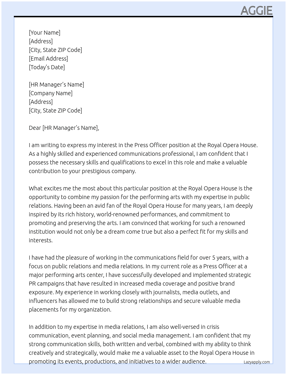 Press Officer  At Royal Opera House Cover Letter