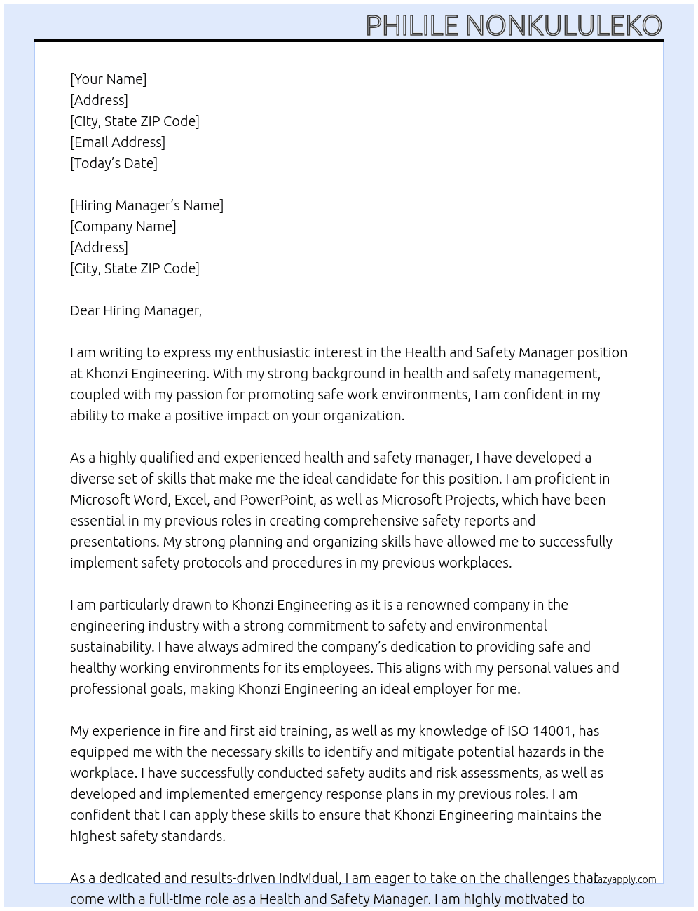 Health and safety Manager At Khonzi engineering Cover Letter