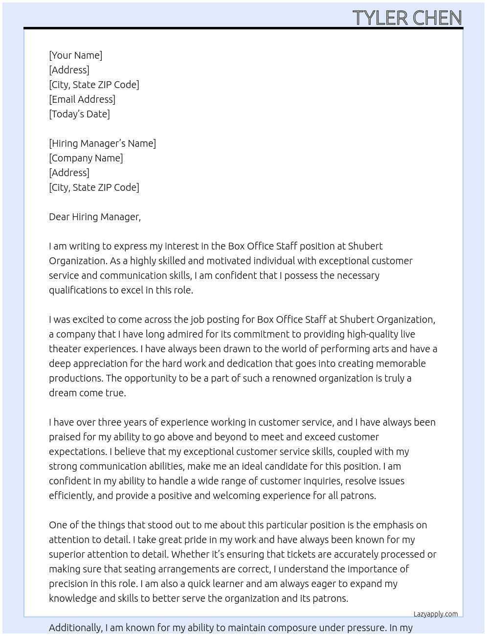 Box Office Staff At Shubert Organization Cover Letter