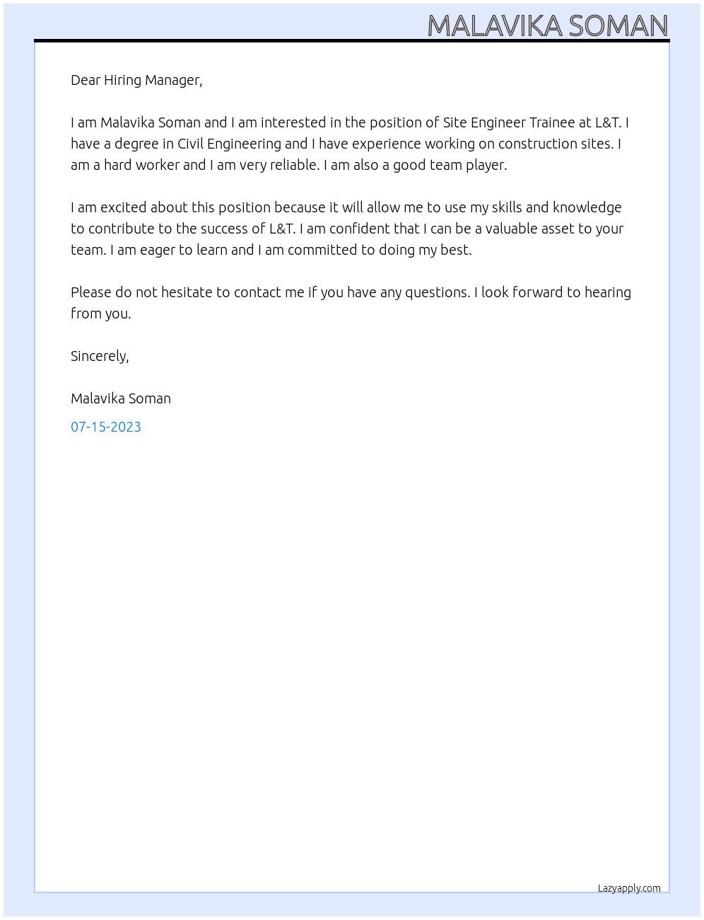 Site Engineer Trainee At L & T Cover Letter