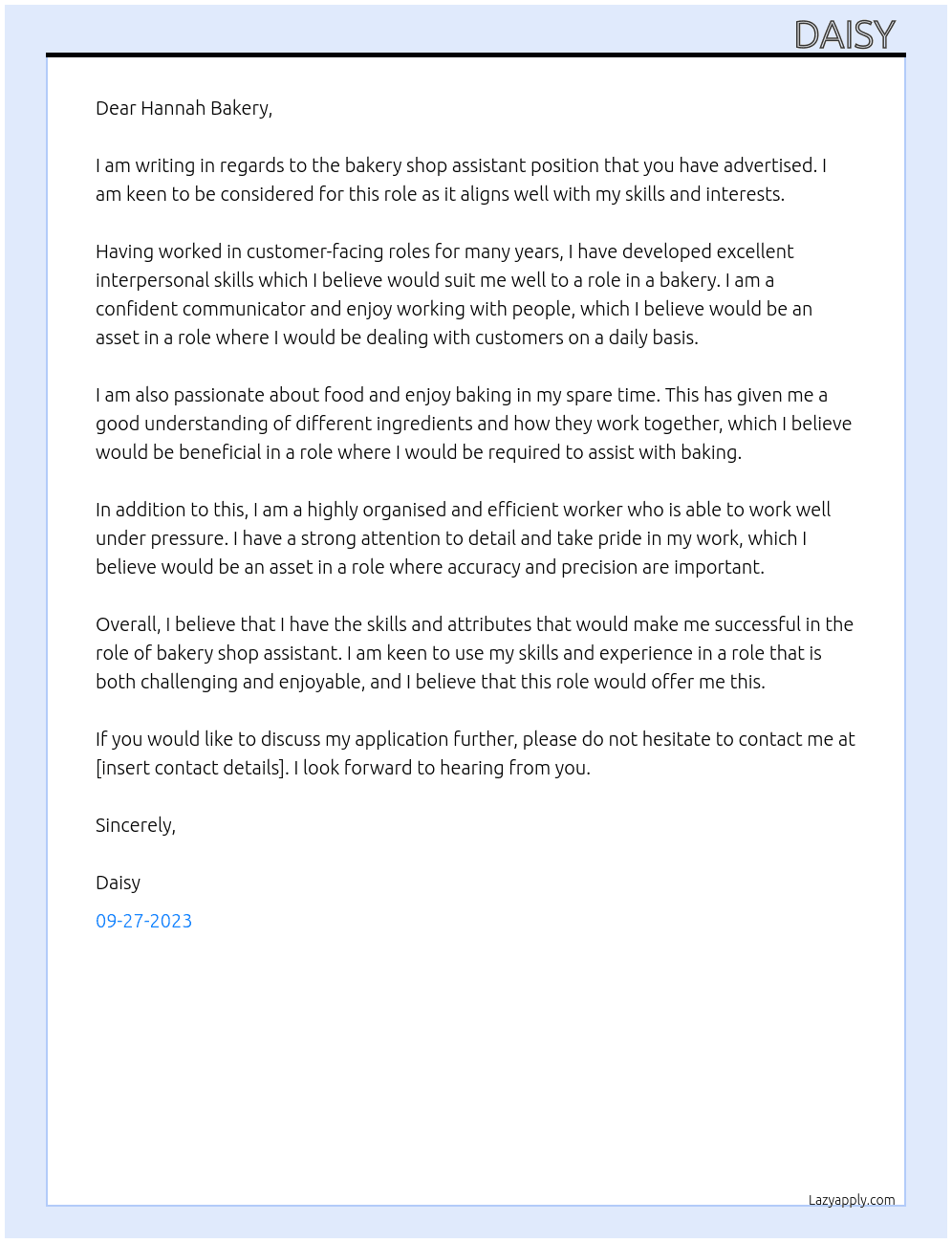 Bakery shop assistant  At Hannah Bakery Cover Letter
