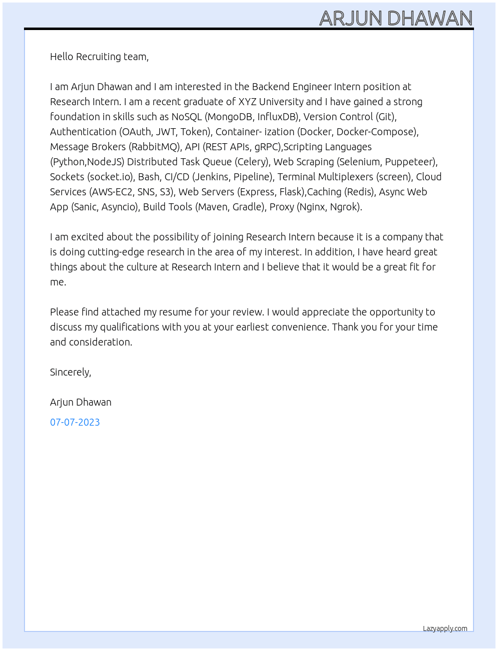 Backend Engineer Intern At Research Intern Cover Letter