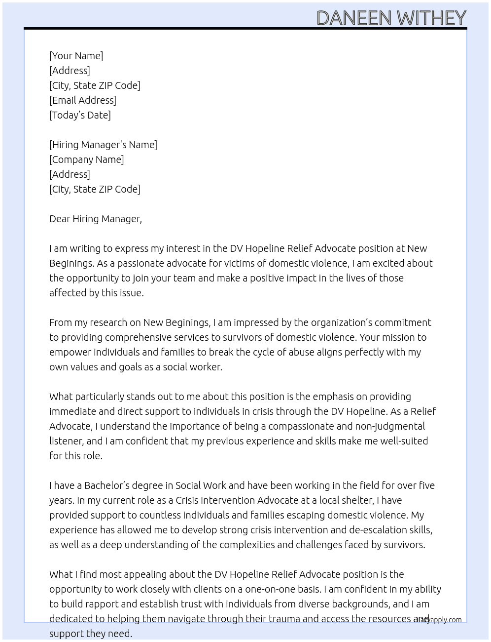 DV Hopeline Relief Advocate At New Beginings Cover Letter