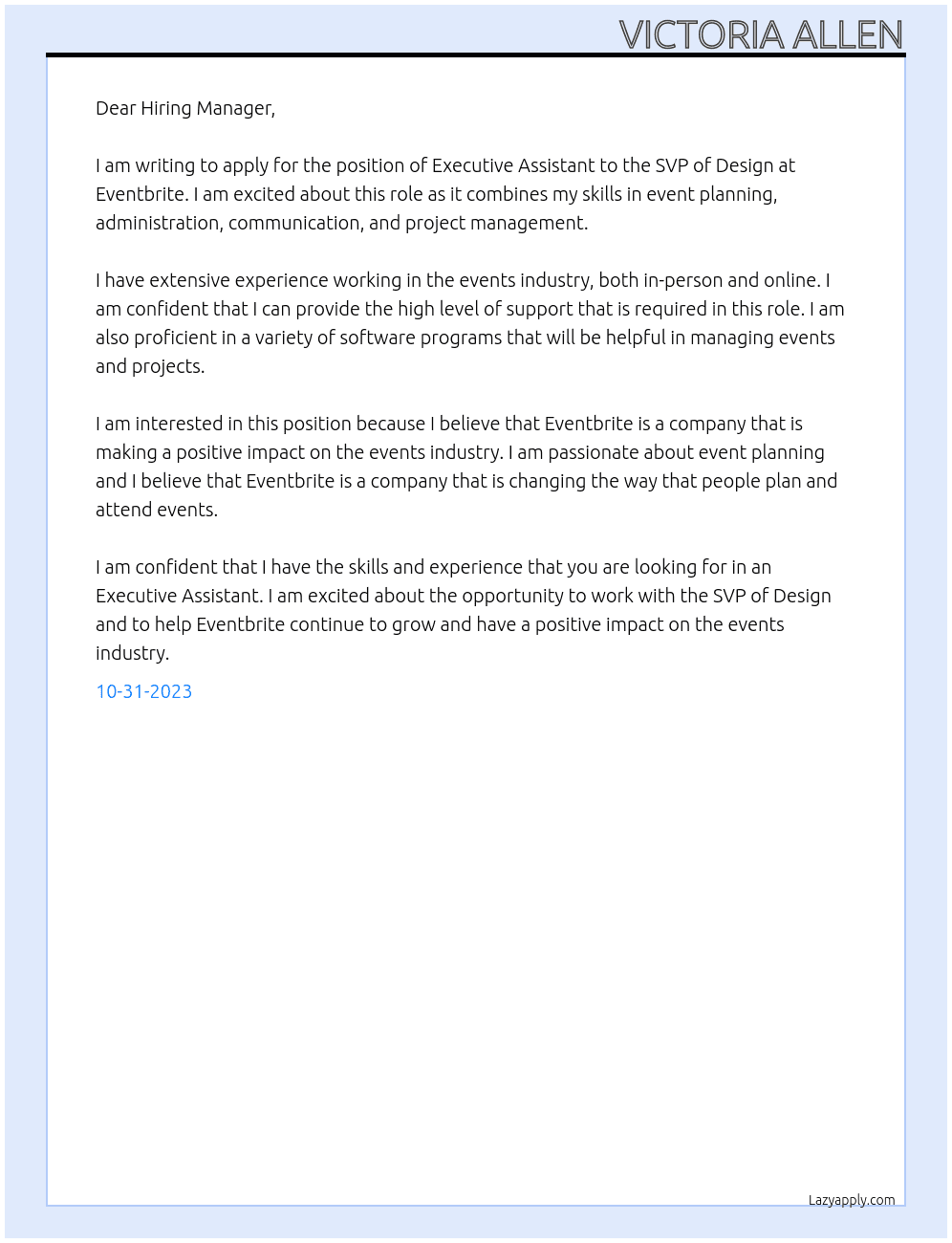 Executive Assistant to the SVP of Design At Eventbrite Cover Letter