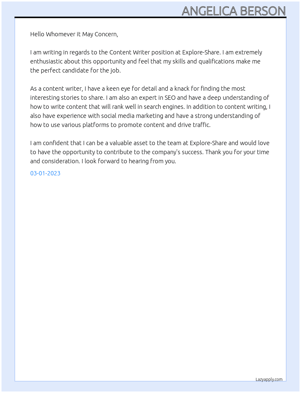 Content Writer At Explore-Share Cover Letter