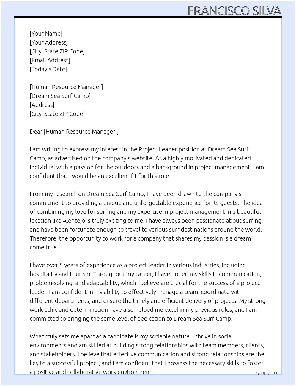 Project leader At dream sea surf camp Cover Letter