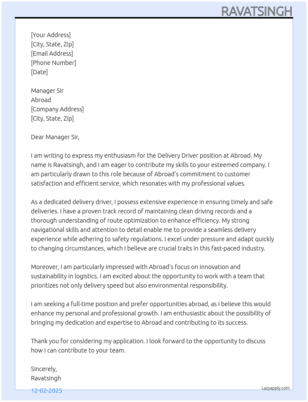 Delivery Driver  At Abroad  Cover Letter