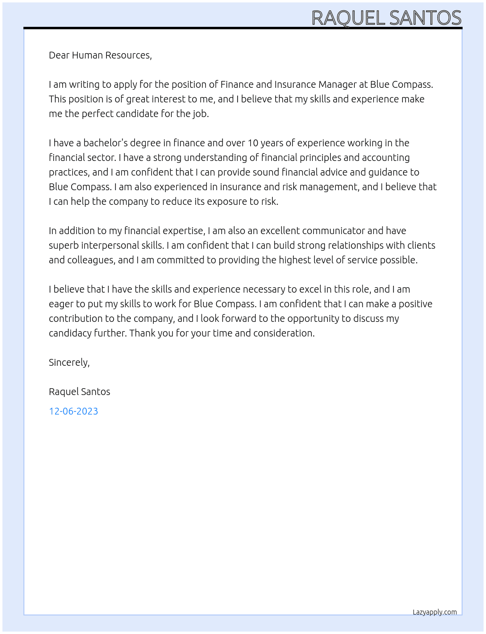 Finance and Insurance Manager At Blue Compass Cover Letter